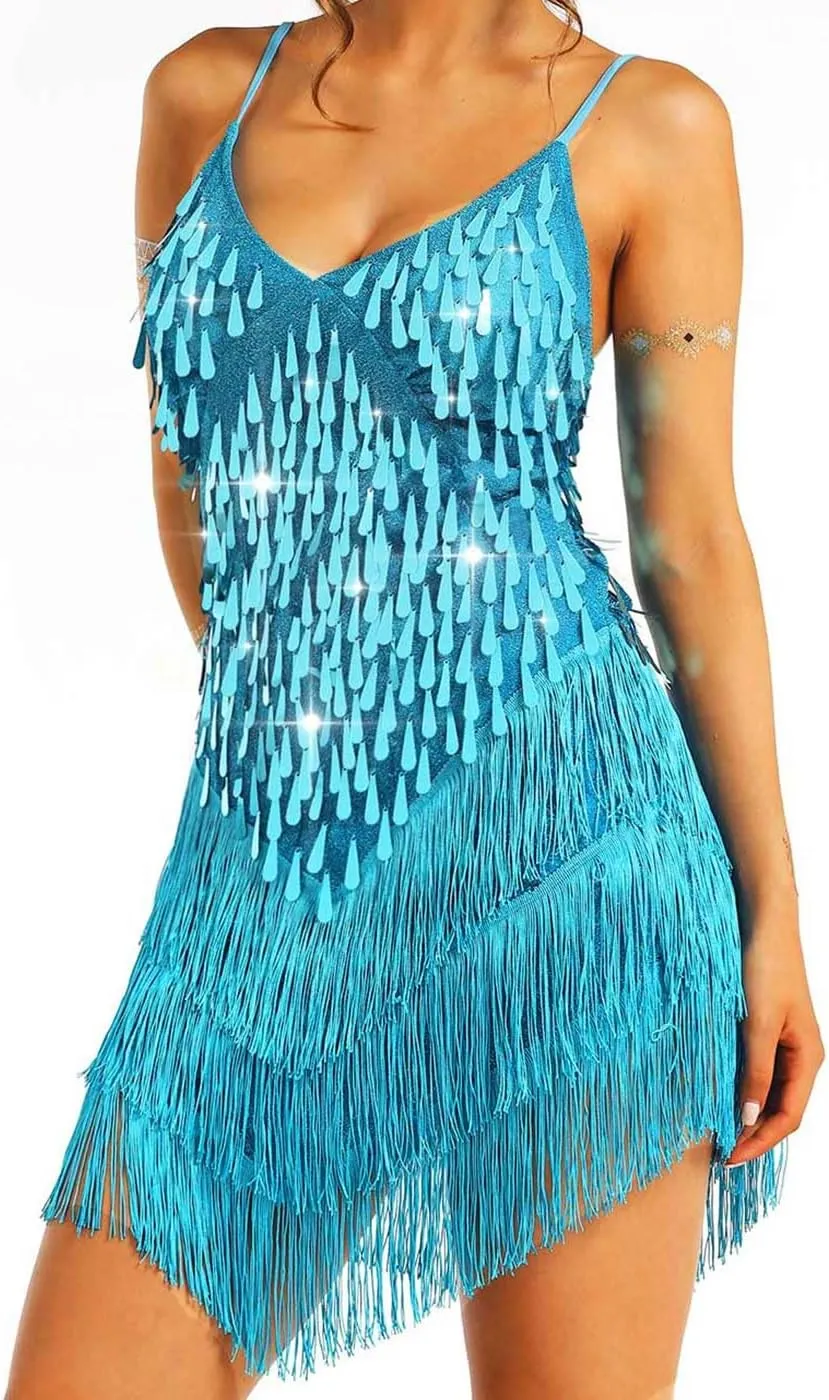 Aukmla Women Sparkly Sequin Fringe Mini Dress Sleeveless Latin Dance Tassel Dresses