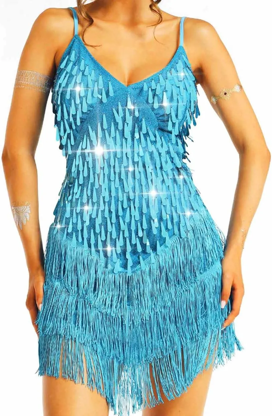 Aukmla Women Sparkly Sequin Fringe Mini Dress Sleeveless Latin Dance Tassel Dresses