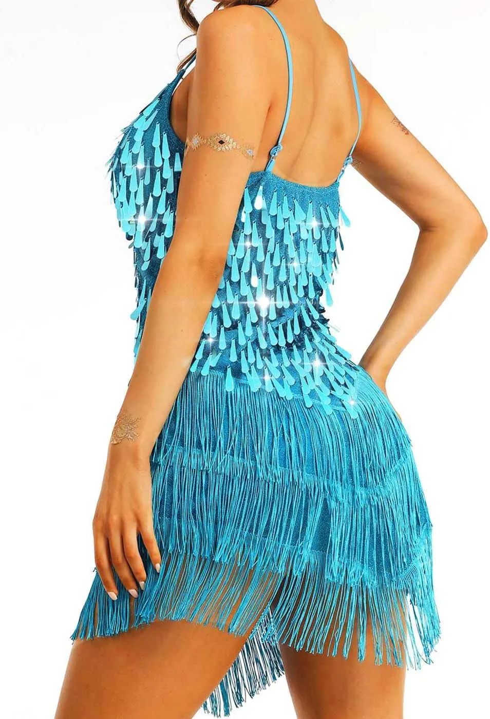 Aukmla Women Sparkly Sequin Fringe Mini Dress Sleeveless Latin Dance Tassel Dresses
