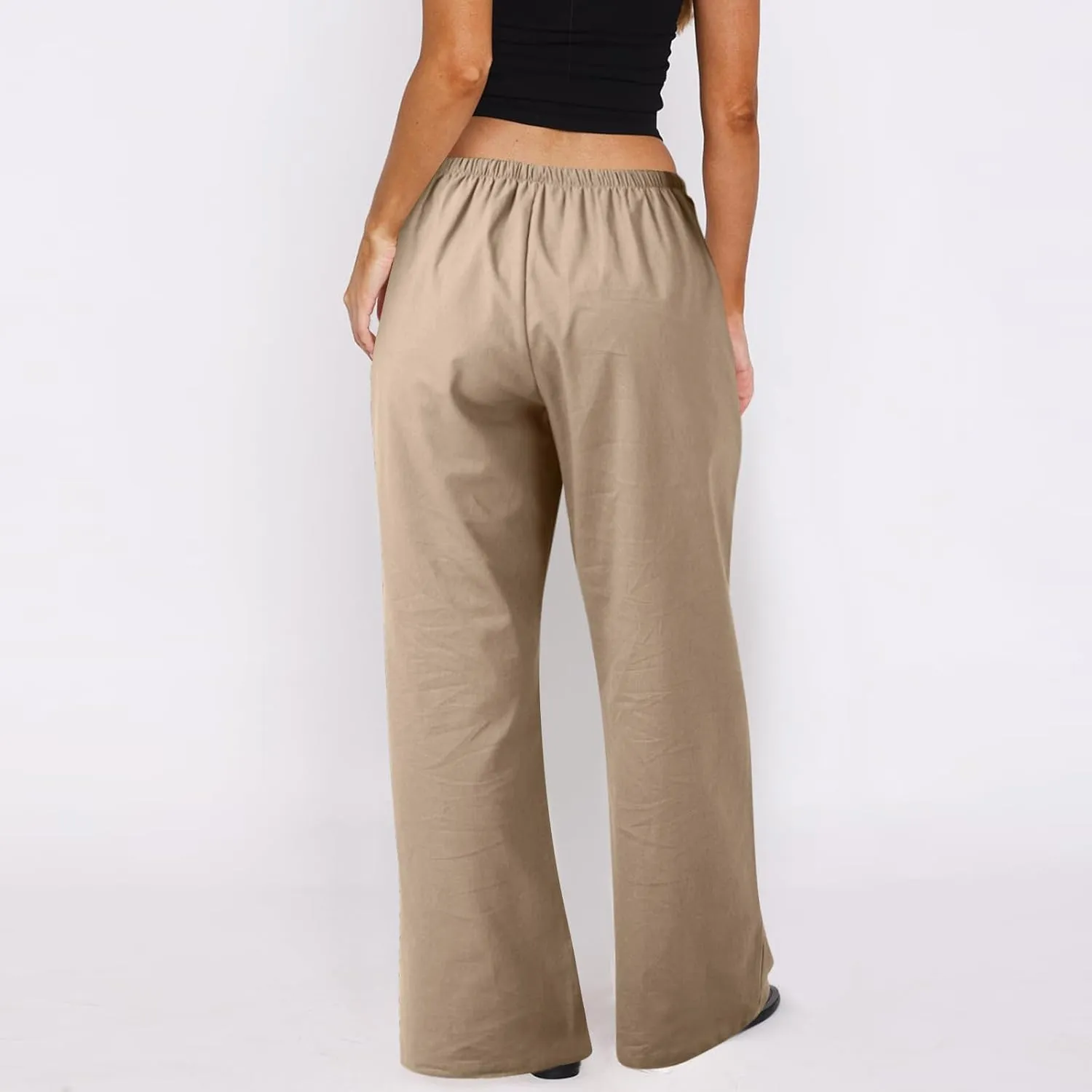 Baggy Linen Pants Women Casual Elastic High Waisted Wide Leg Palazzo Pants Lightweight Flowy Beach Pant Resort Wear