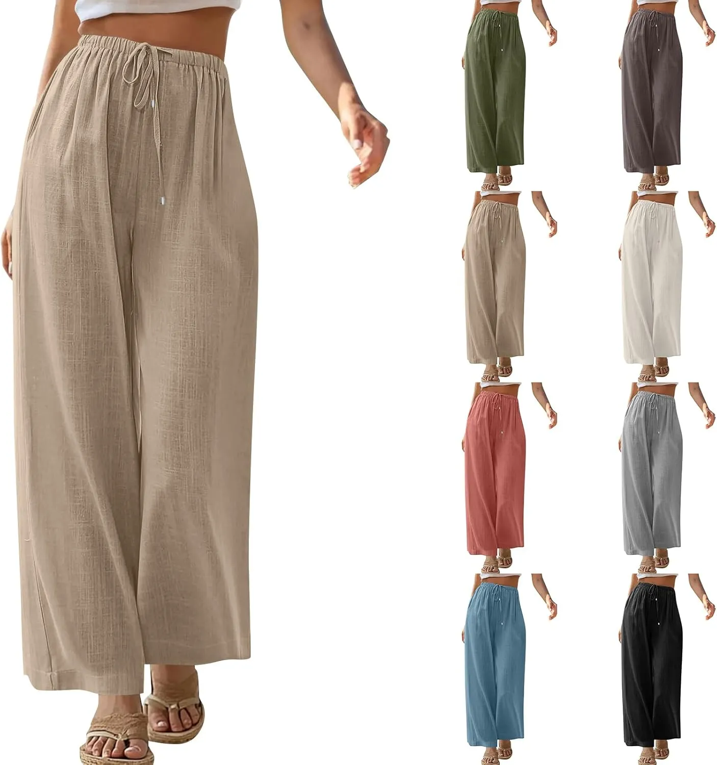 Baggy Linen Pants Women Casual Elastic High Waisted Wide Leg Palazzo Pants Lightweight Flowy Beach Pant Resort Wear