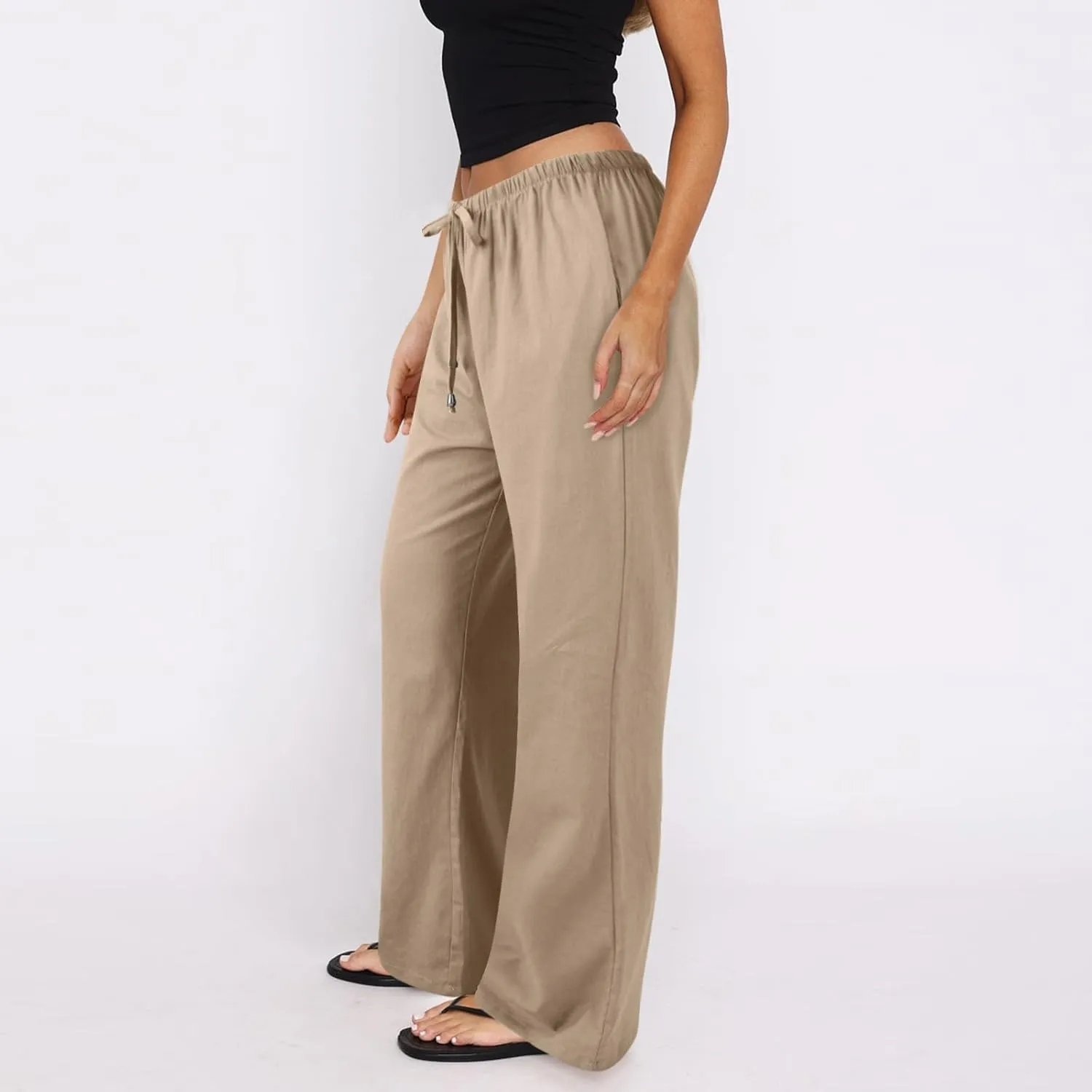 Baggy Linen Pants Women Casual Elastic High Waisted Wide Leg Palazzo Pants Lightweight Flowy Beach Pant Resort Wear