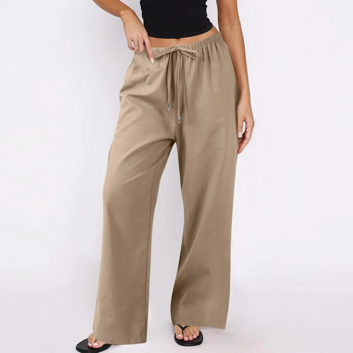 Baggy Linen Pants Women Casual Elastic High Waisted Wide Leg Palazzo Pants Lightweight Flowy Beach Pant Resort Wear
