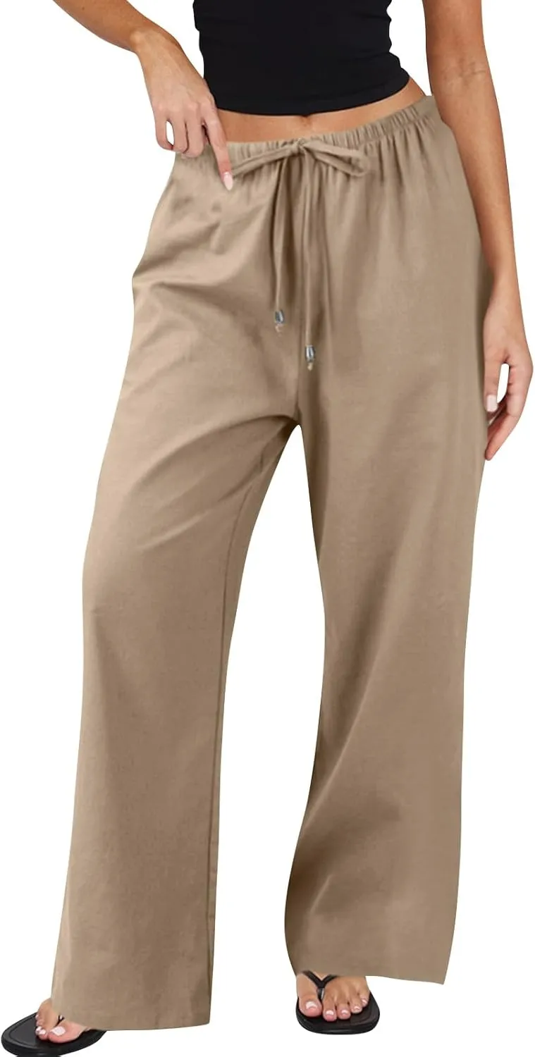 Baggy Linen Pants Women Casual Elastic High Waisted Wide Leg Palazzo Pants Lightweight Flowy Beach Pant Resort Wear