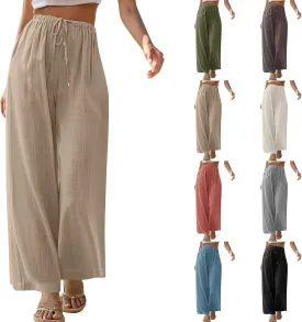 Baggy Linen Pants Women Casual Elastic High Waisted Wide Leg Palazzo Pants Lightweight Flowy Beach Pant Resort Wear