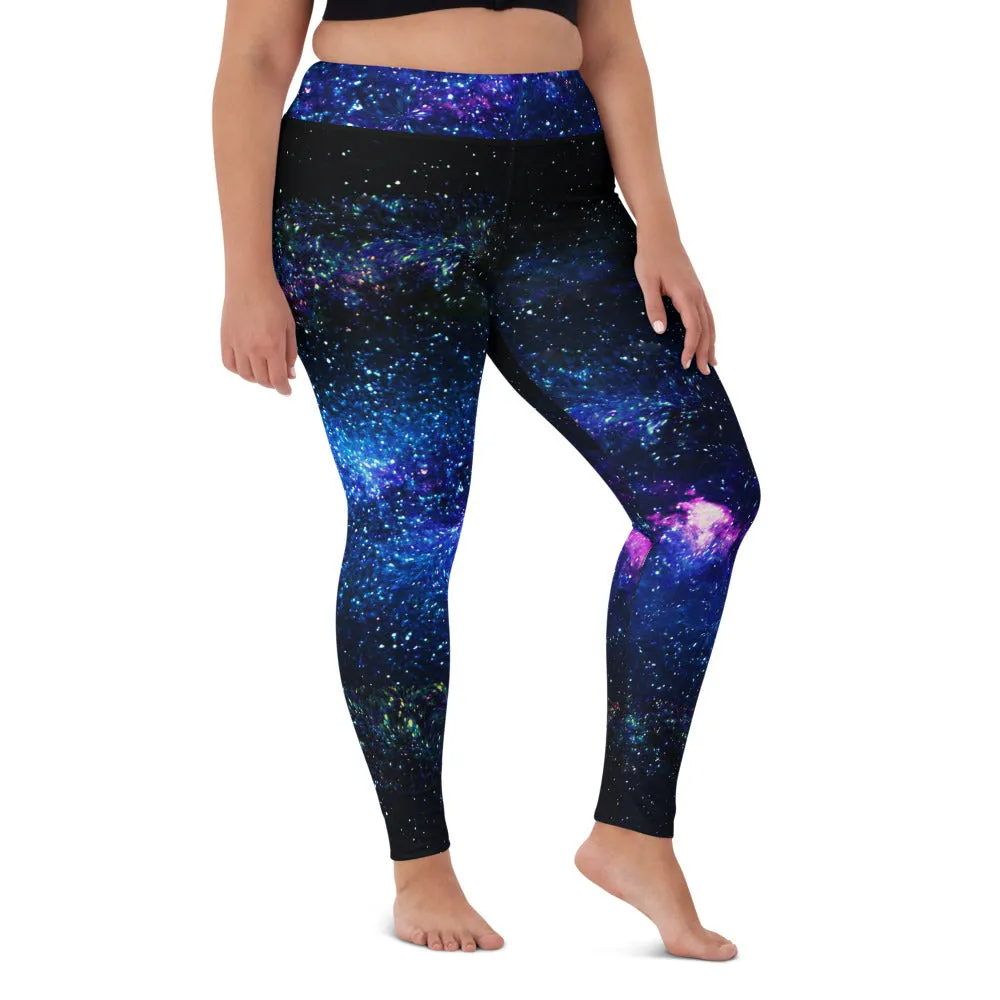 Blue Galaxy Women's Yoga Leggings, Purple Space Print Long Gym Tights-Made in USA/EU/MX