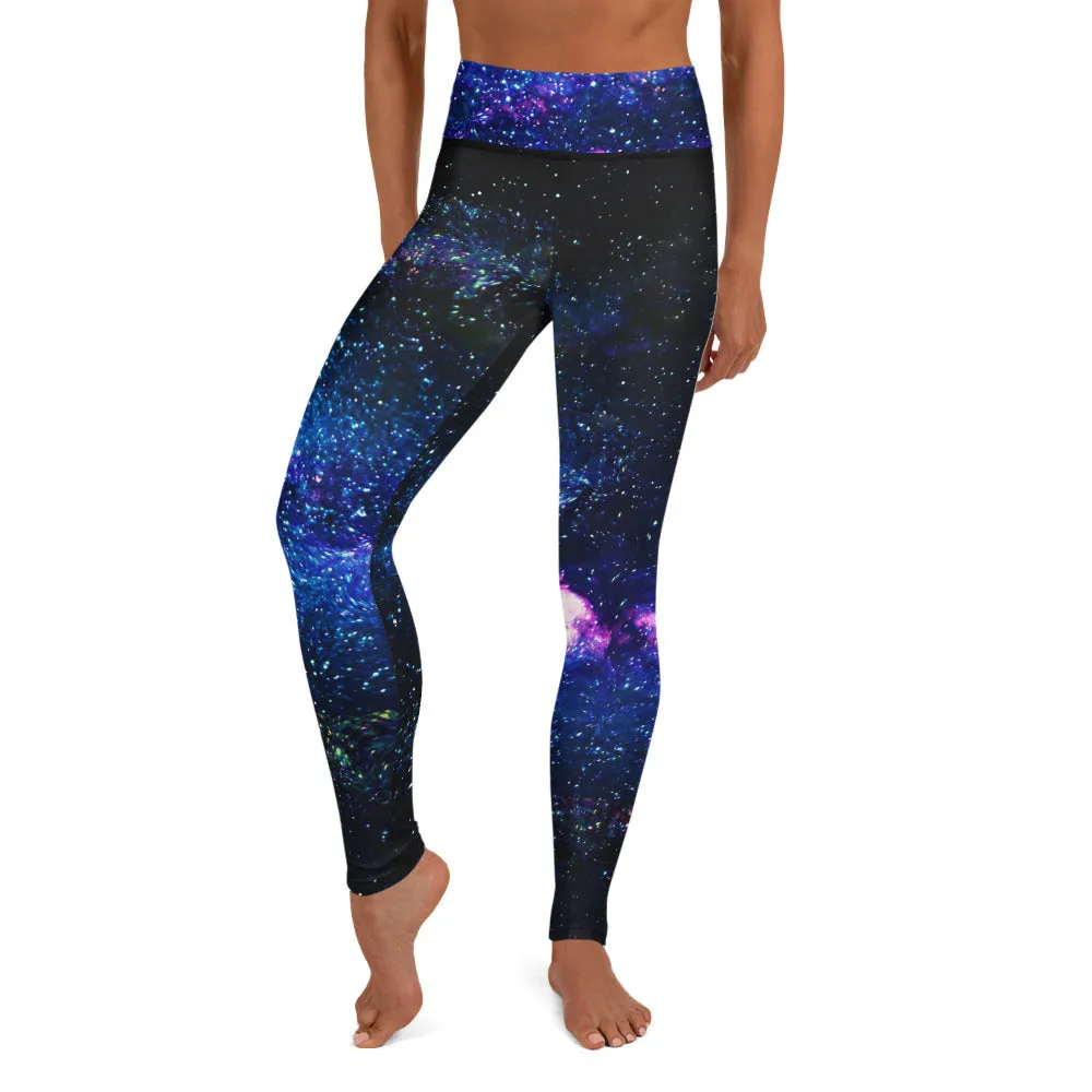 Blue Galaxy Women's Yoga Leggings, Purple Space Print Long Gym Tights-Made in USA/EU/MX