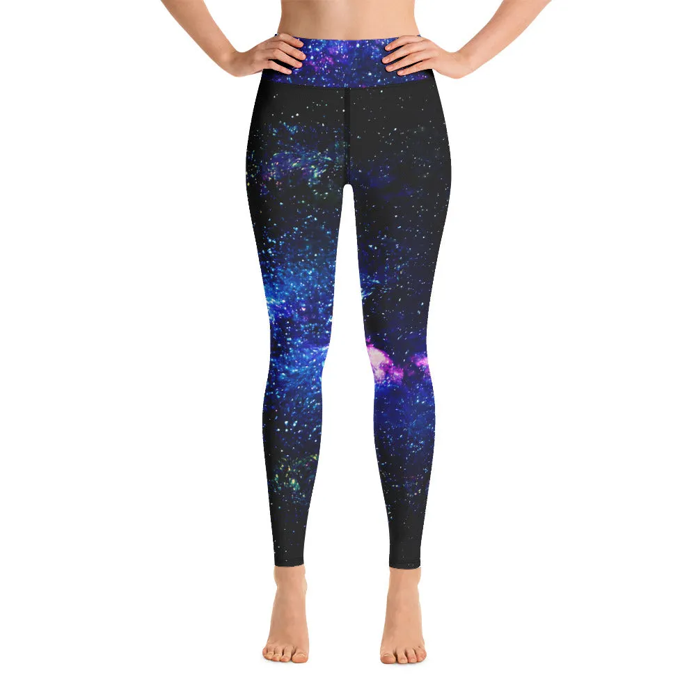 Blue Galaxy Women's Yoga Leggings, Purple Space Print Long Gym Tights-Made in USA/EU/MX