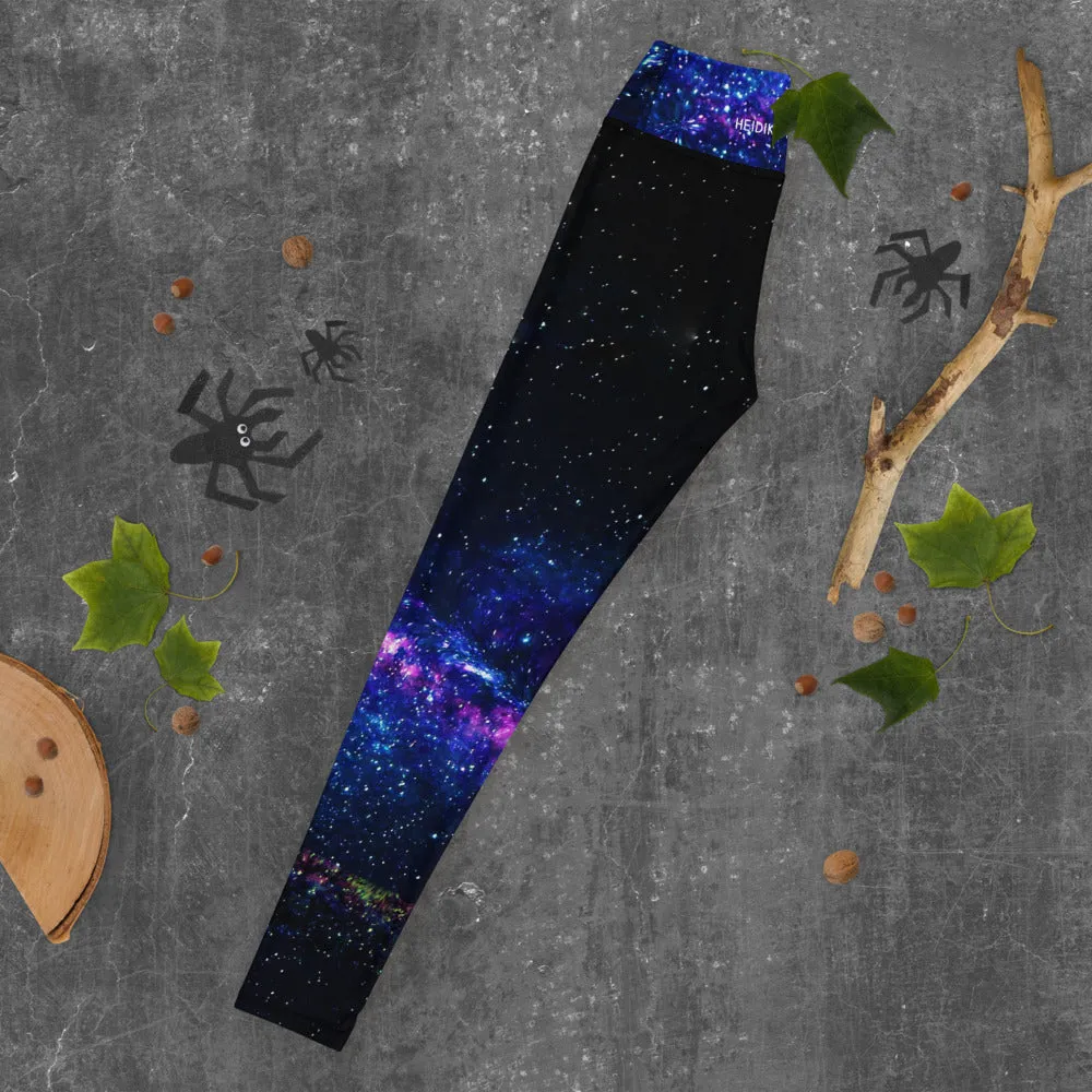 Blue Galaxy Women's Yoga Leggings, Purple Space Print Long Gym Tights-Made in USA/EU/MX
