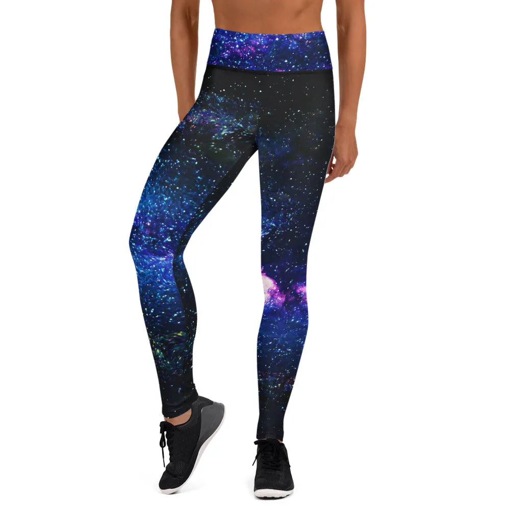 Blue Galaxy Women's Yoga Leggings, Purple Space Print Long Gym Tights-Made in USA/EU/MX