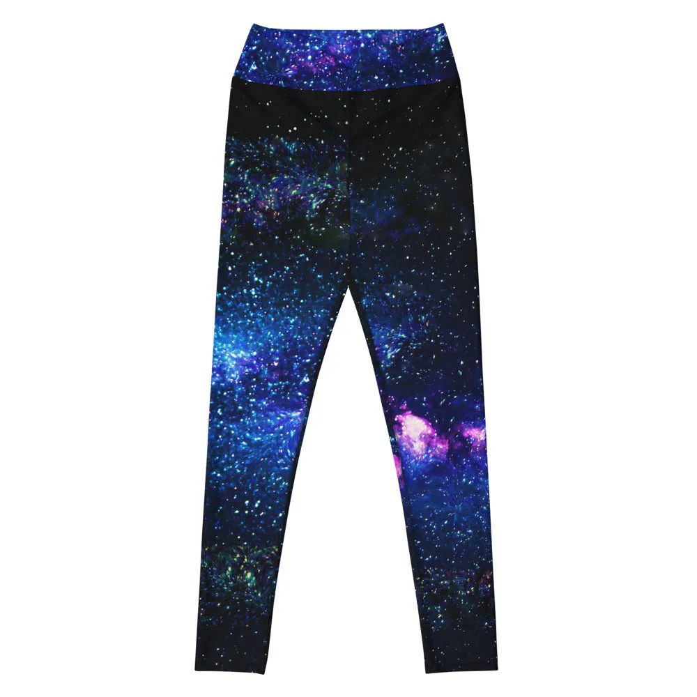 Blue Galaxy Women's Yoga Leggings, Purple Space Print Long Gym Tights-Made in USA/EU/MX
