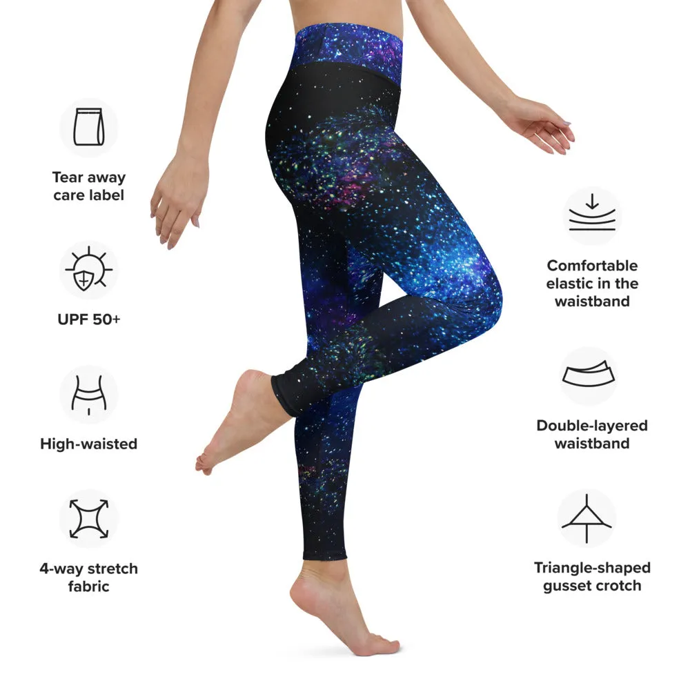 Blue Galaxy Women's Yoga Leggings, Purple Space Print Long Gym Tights-Made in USA/EU/MX