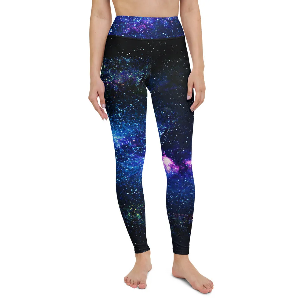 Blue Galaxy Women's Yoga Leggings, Purple Space Print Long Gym Tights-Made in USA/EU/MX