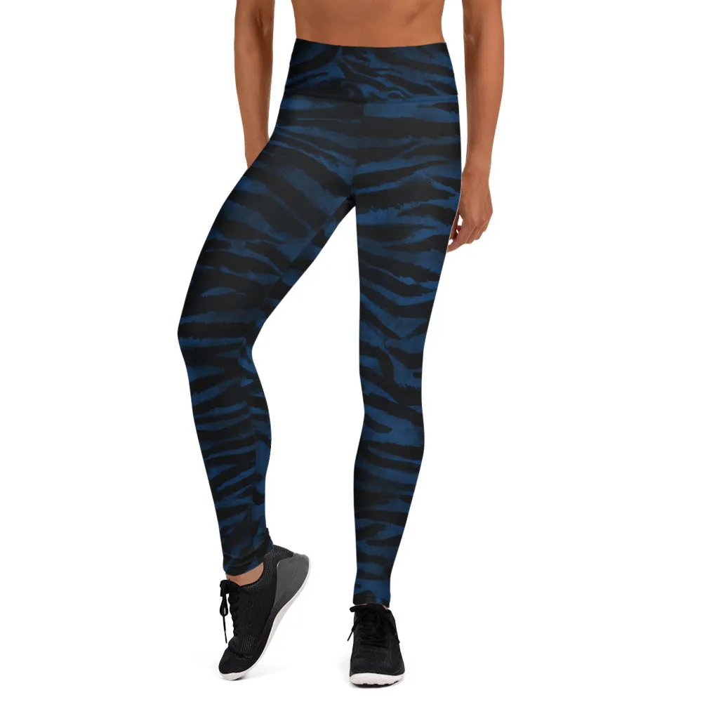 Blue Tiger Striped Yoga Leggings, Animal Print Women's Long Fitness Gym Pants-Made in USA/EU