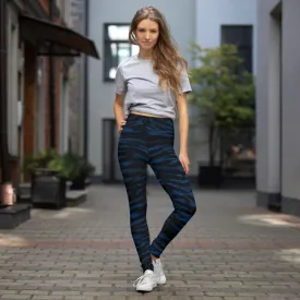 Blue Tiger Striped Yoga Leggings, Animal Print Women's Long Fitness Gym Pants-Made in USA/EU