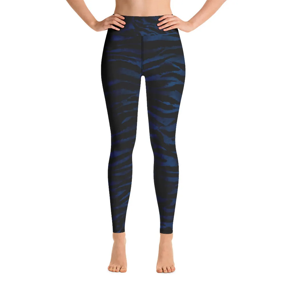 Blue Tiger Striped Yoga Leggings, Animal Print Women's Long Fitness Gym Pants-Made in USA/EU