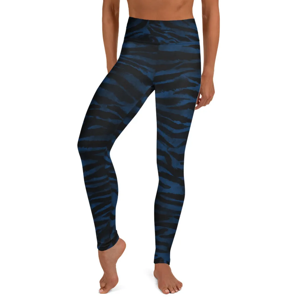 Blue Tiger Striped Yoga Leggings, Animal Print Women's Long Fitness Gym Pants-Made in USA/EU
