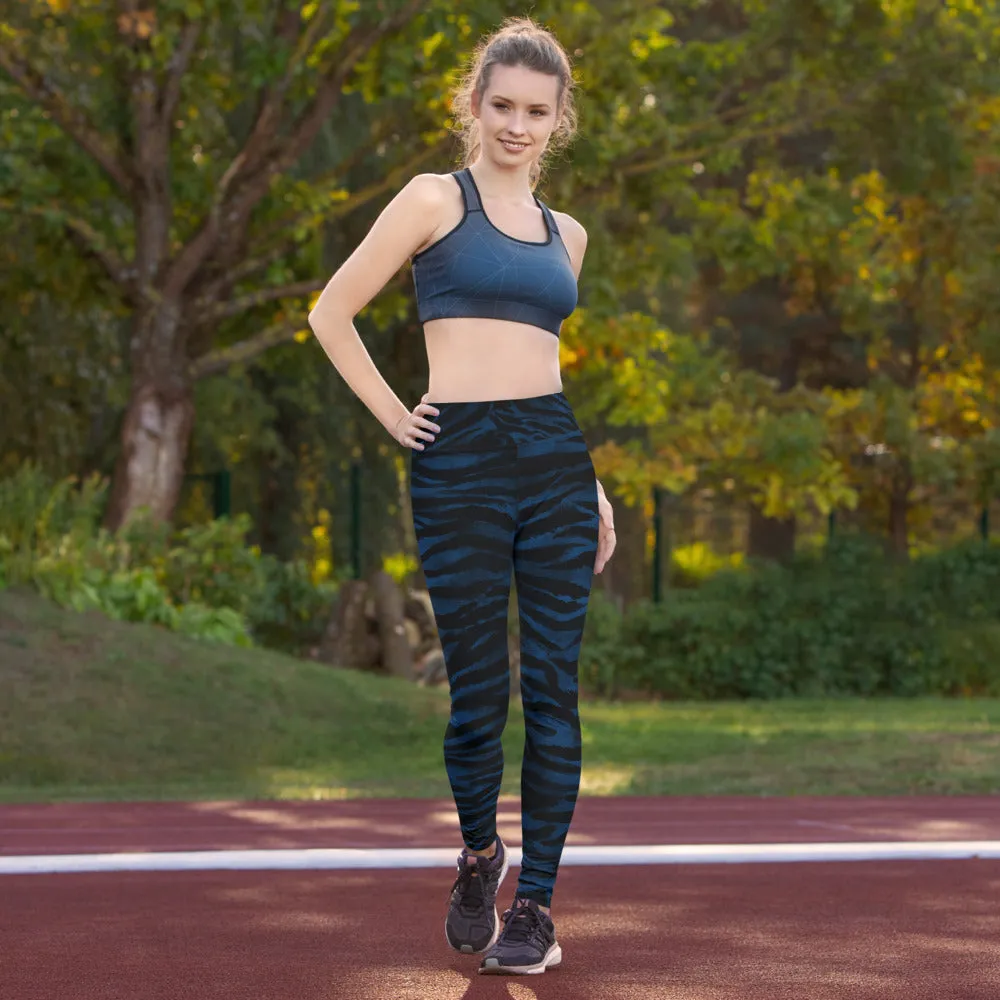 Blue Tiger Striped Yoga Leggings, Animal Print Women's Long Fitness Gym Pants-Made in USA/EU