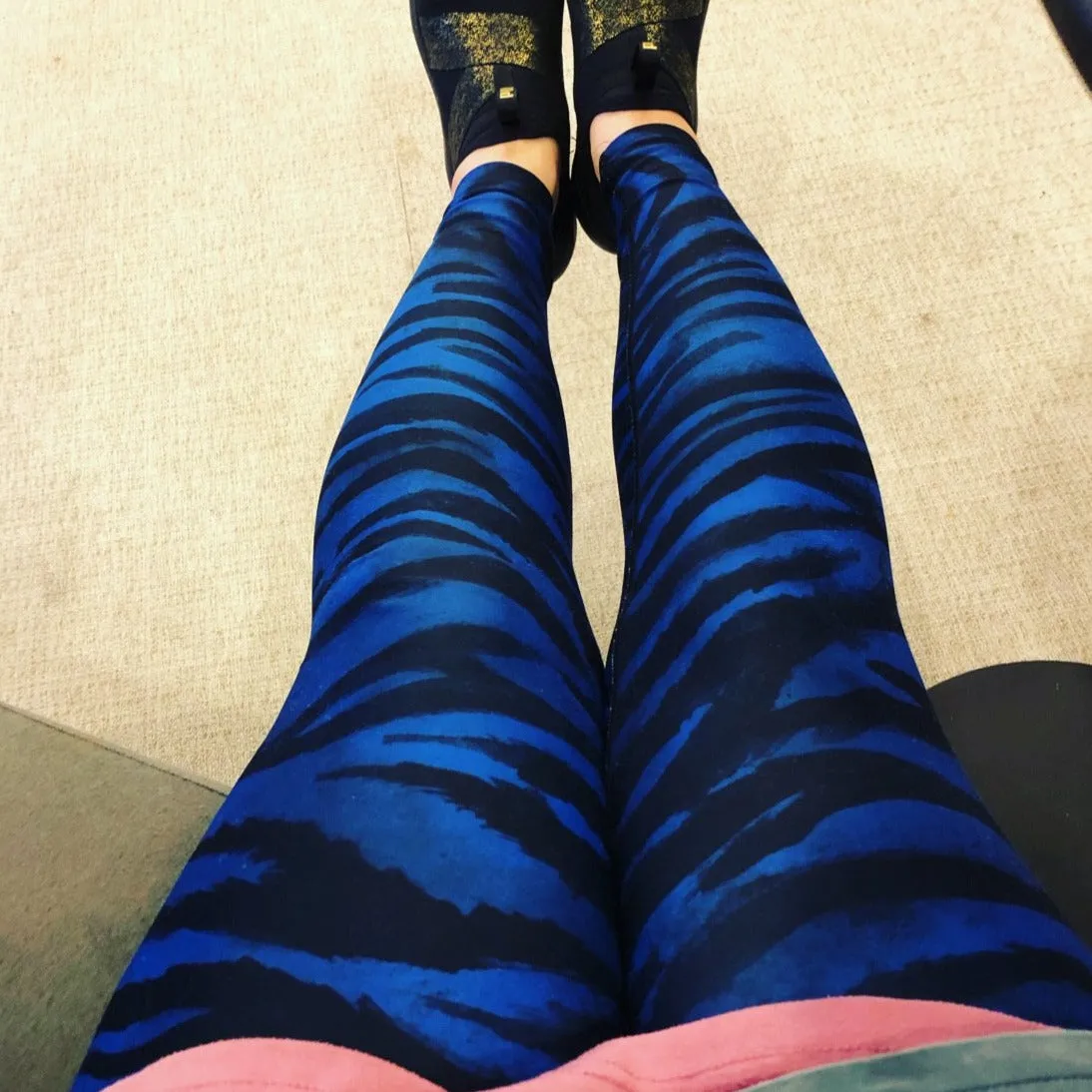 Blue Tiger Striped Yoga Leggings, Animal Print Women's Long Fitness Gym Pants-Made in USA/EU