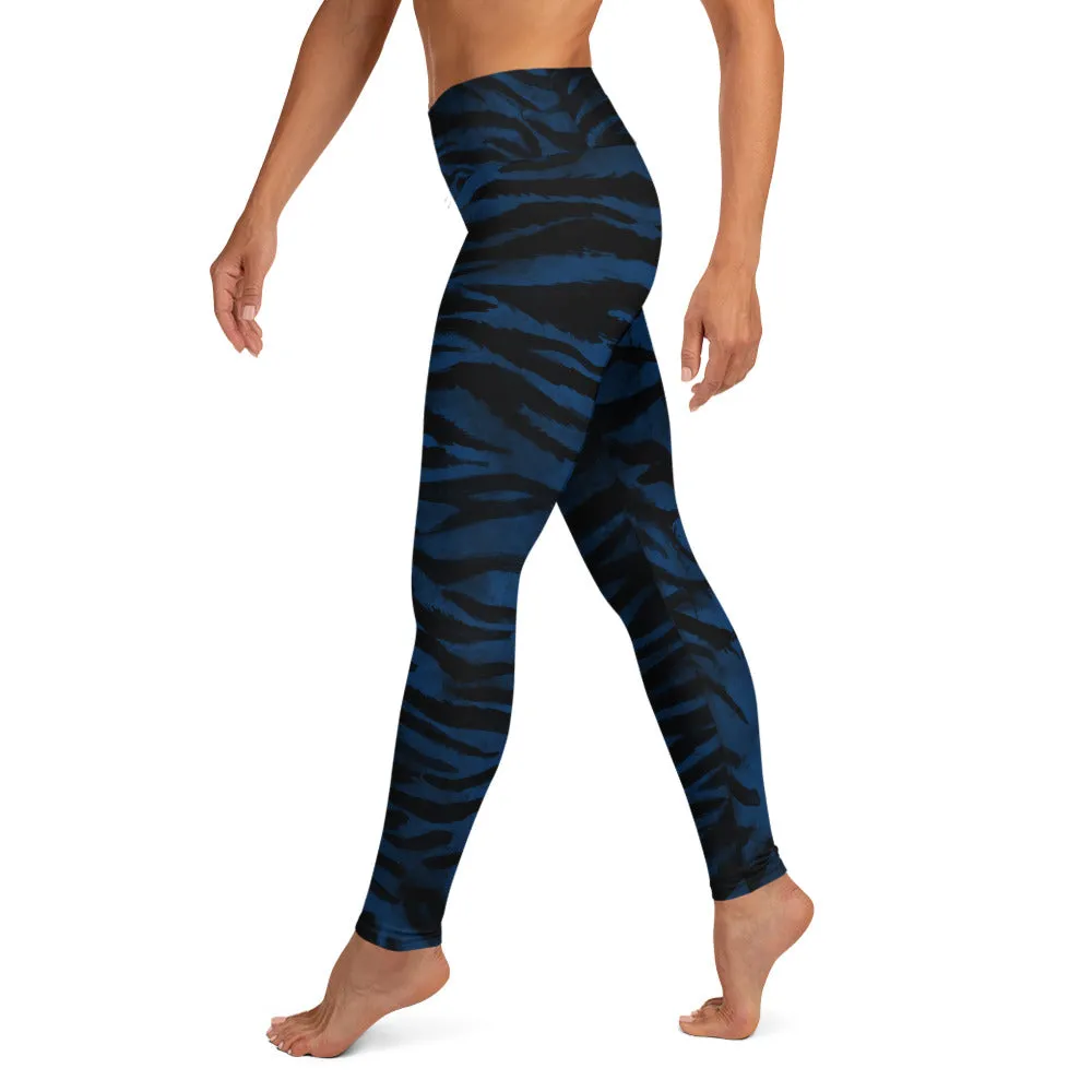 Blue Tiger Striped Yoga Leggings, Animal Print Women's Long Fitness Gym Pants-Made in USA/EU