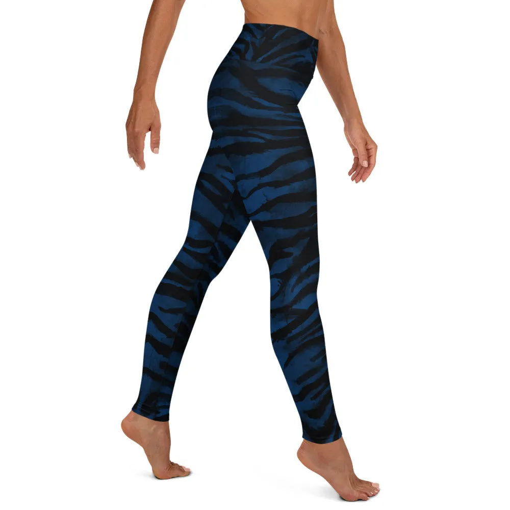 Blue Tiger Striped Yoga Leggings, Animal Print Women's Long Fitness Gym Pants-Made in USA/EU