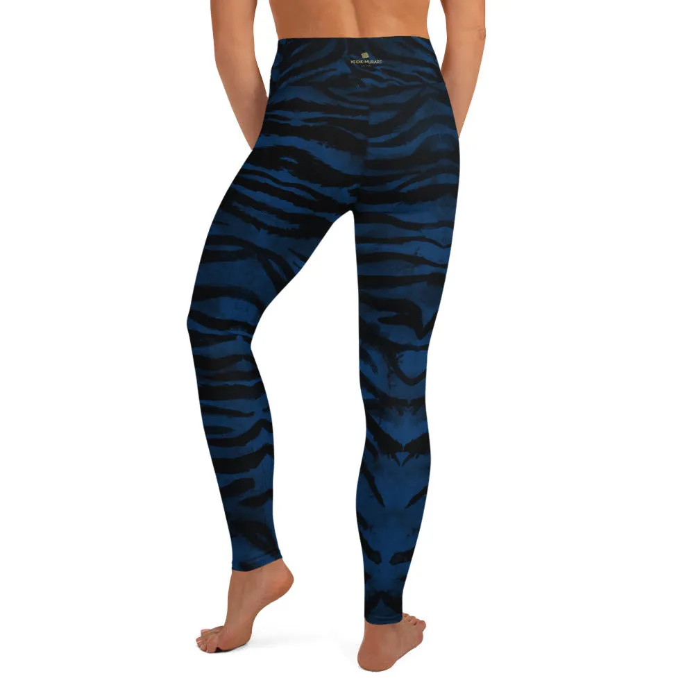 Blue Tiger Striped Yoga Leggings, Animal Print Women's Long Fitness Gym Pants-Made in USA/EU