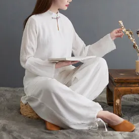 Buddha Stones 2Pcs Tai Chi Meditation Yoga Zen Spiritual Cotton Linen Clothing Top Pants Women's Set