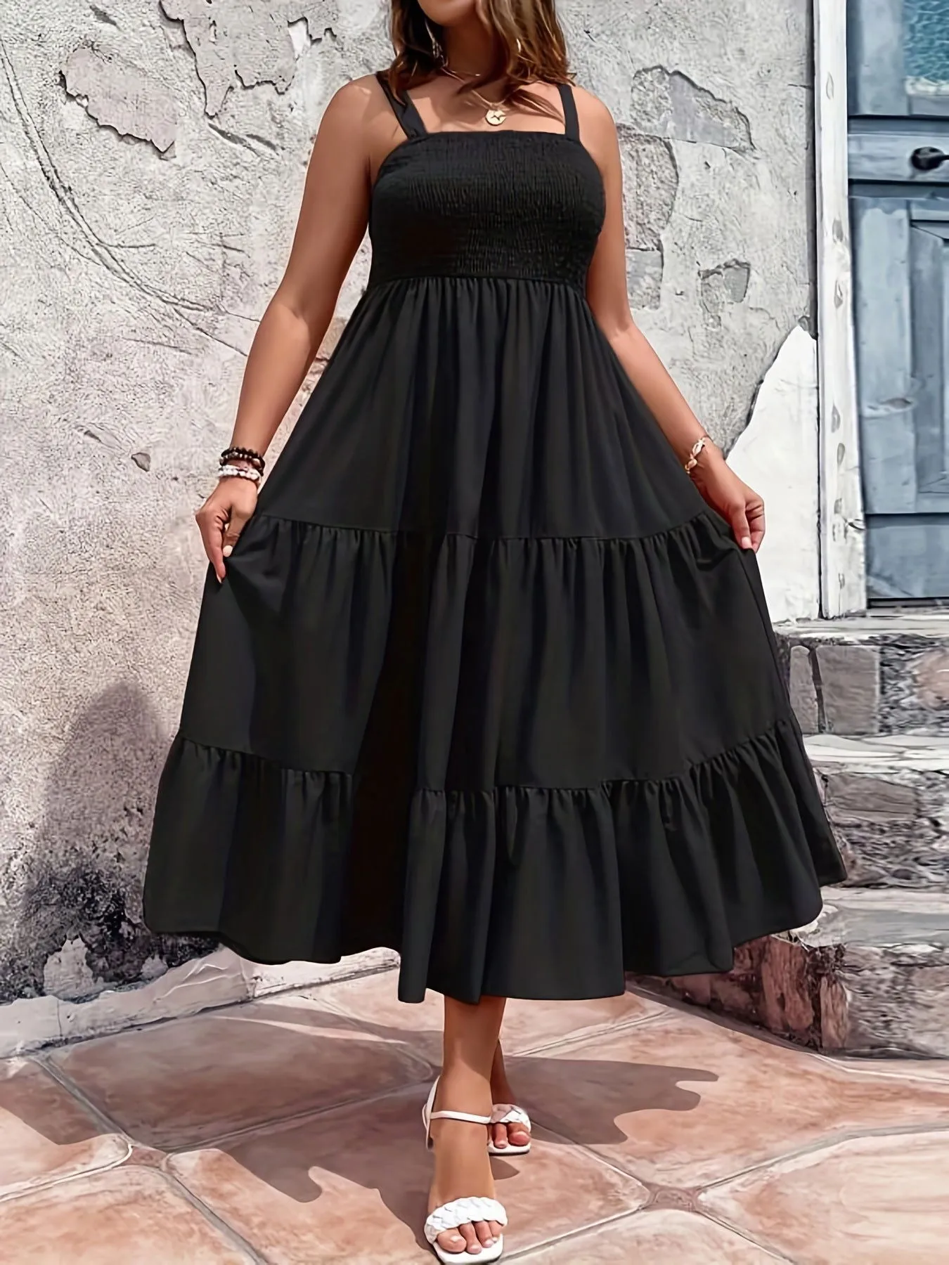 Charming Spaghetti Strap Shirred Smock Waistline Maxi Dress
