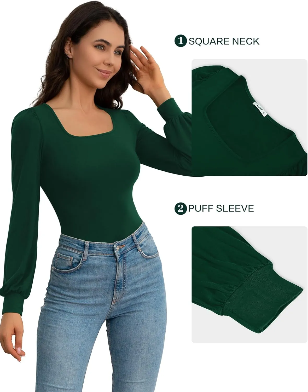 CLOZOZ Square Neck Womens T Shirts Puff Sleeve Shirts for Women Long Slim Fitted Tee Tops