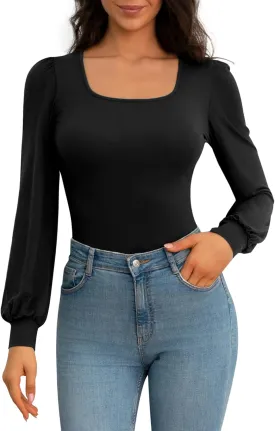 CLOZOZ Square Neck Womens T Shirts Puff Sleeve Shirts for Women Long Slim Fitted Tee Tops