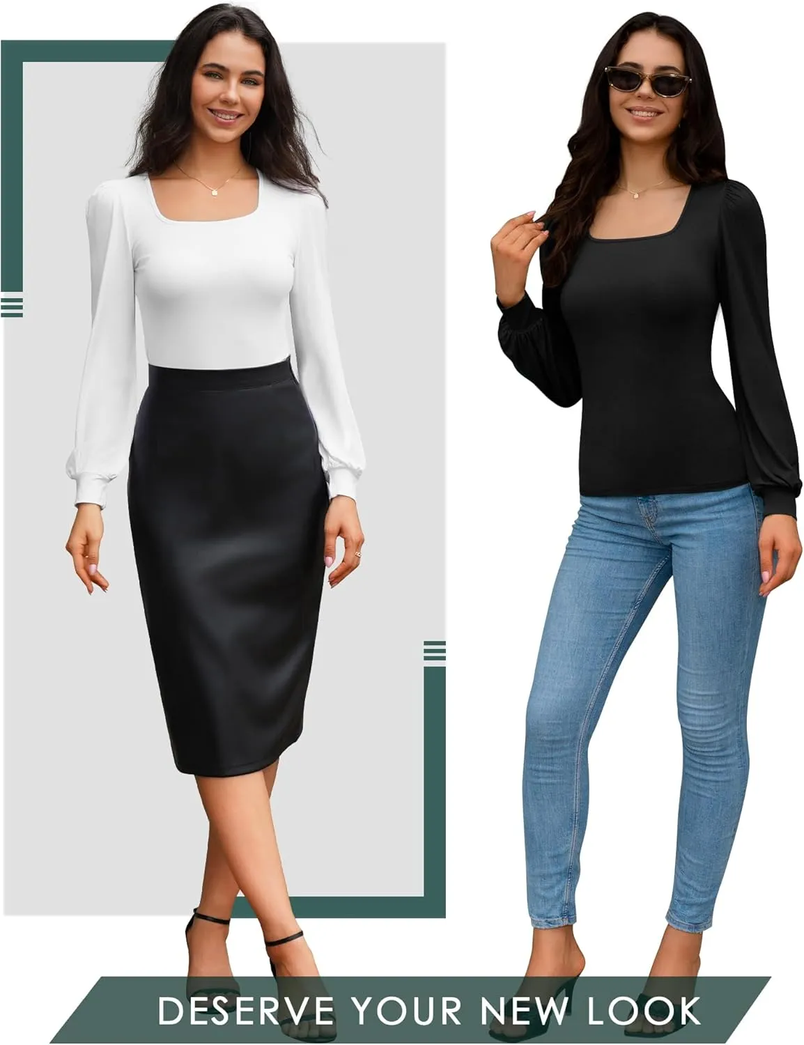 CLOZOZ Square Neck Womens T Shirts Puff Sleeve Shirts for Women Long Slim Fitted Tee Tops