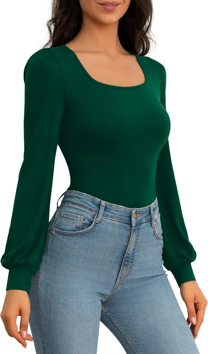 CLOZOZ Square Neck Womens T Shirts Puff Sleeve Shirts for Women Long Slim Fitted Tee Tops