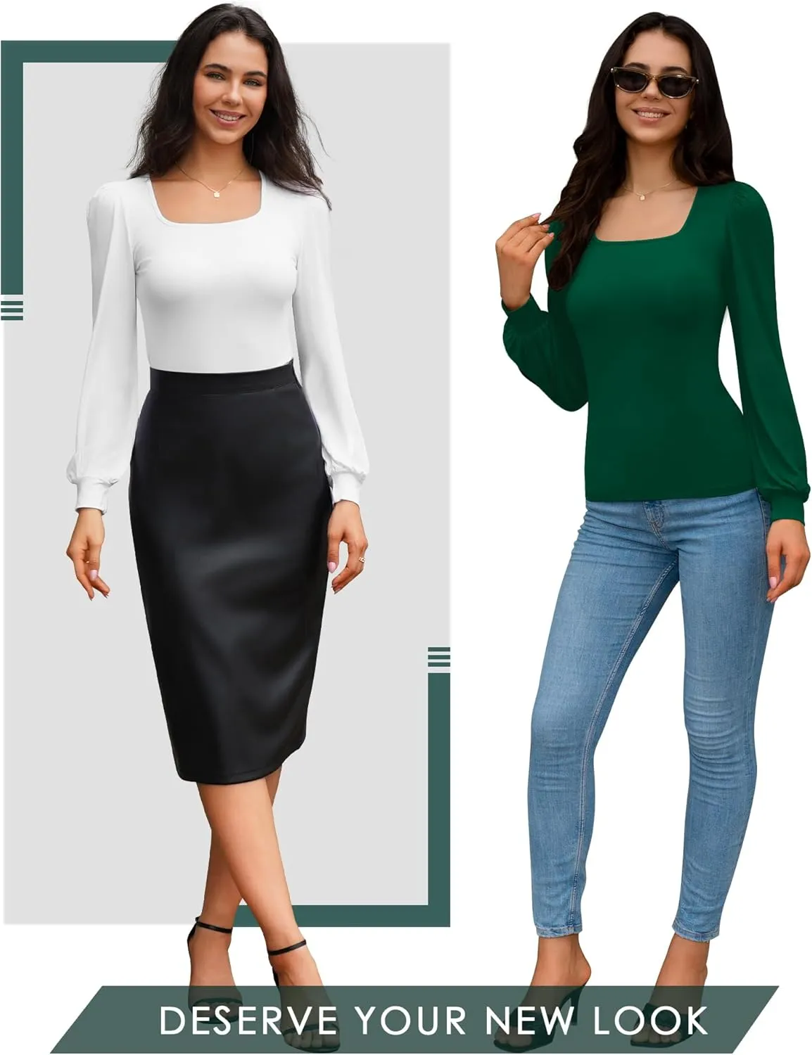 CLOZOZ Square Neck Womens T Shirts Puff Sleeve Shirts for Women Long Slim Fitted Tee Tops