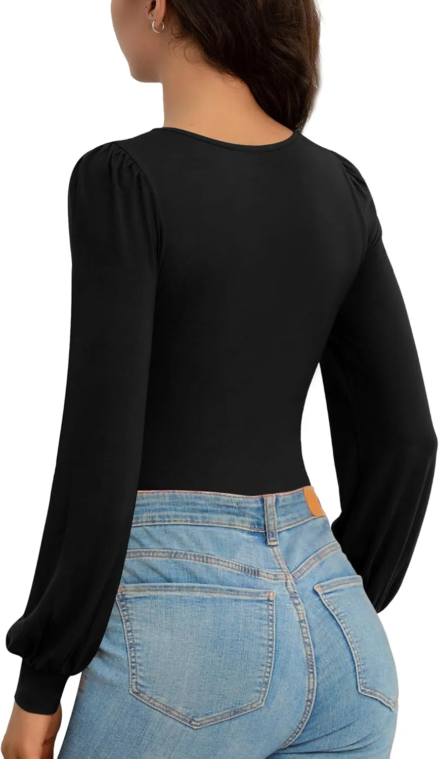 CLOZOZ Square Neck Womens T Shirts Puff Sleeve Shirts for Women Long Slim Fitted Tee Tops