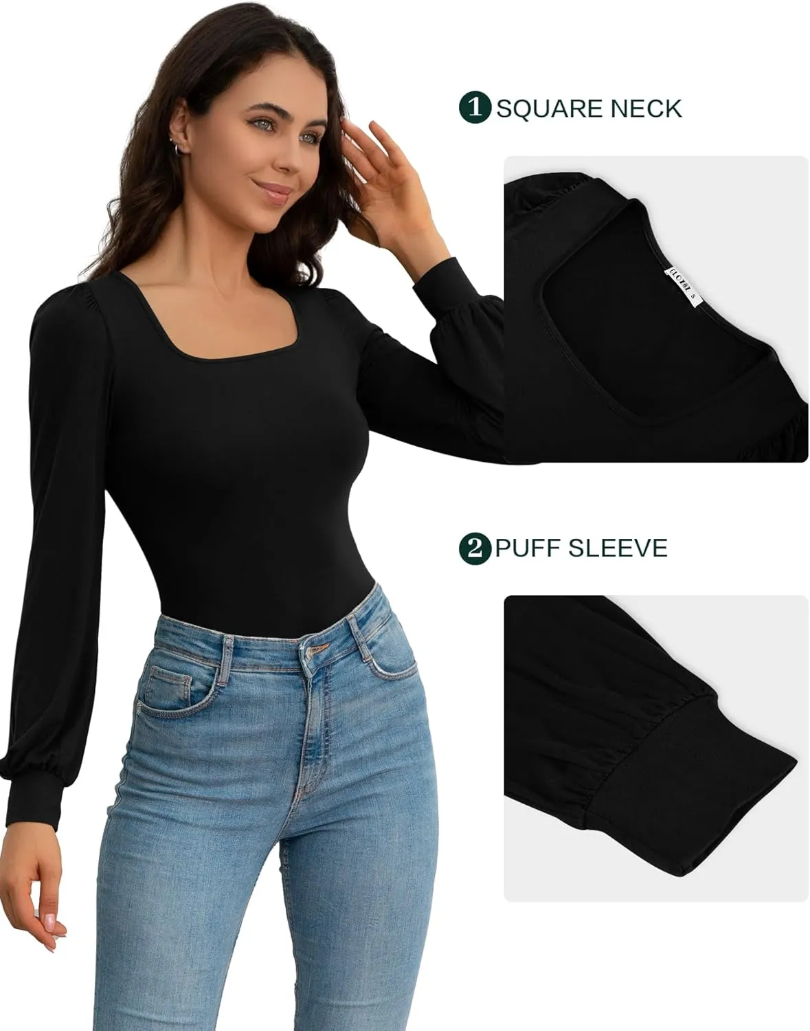 CLOZOZ Square Neck Womens T Shirts Puff Sleeve Shirts for Women Long Slim Fitted Tee Tops