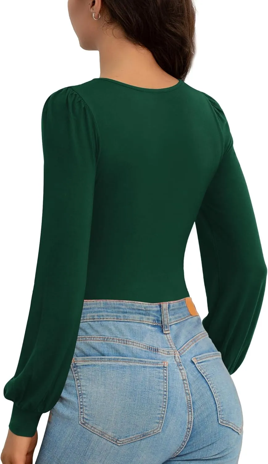 CLOZOZ Square Neck Womens T Shirts Puff Sleeve Shirts for Women Long Slim Fitted Tee Tops