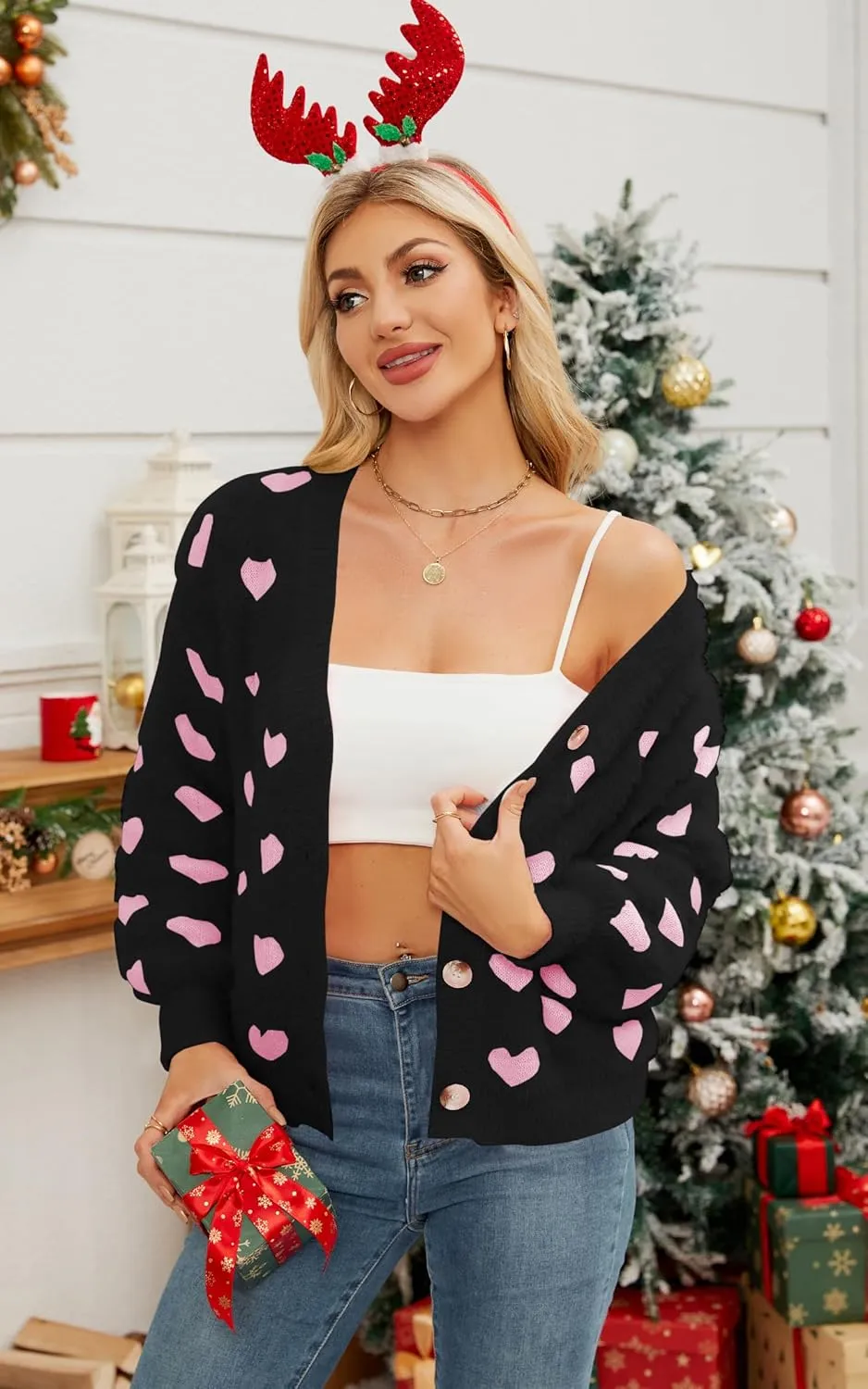 ECOWISH Women Floral Cropped Cardigan: Fall Long Sleeve Open Front Fuzzy Daisy Print Knit Sweaters Casual Y2k Outerwear