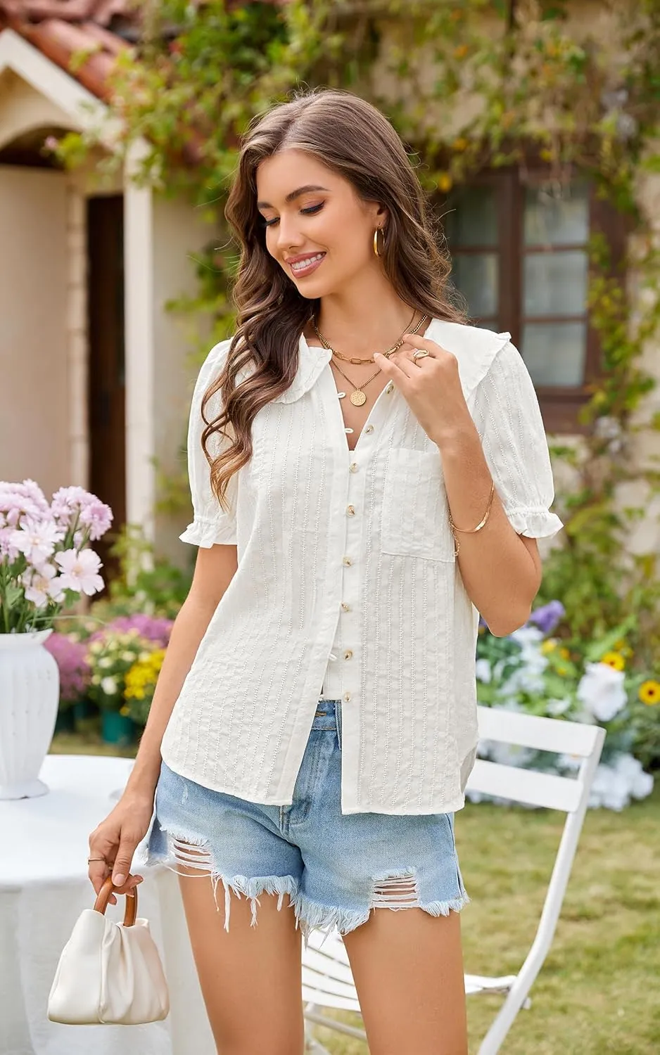 ECOWISH Women's Button Up Shirt - Peter Pan Collar Frilled Short Sleeve Summer Tops Casual Cotton Retro Floral Blouse