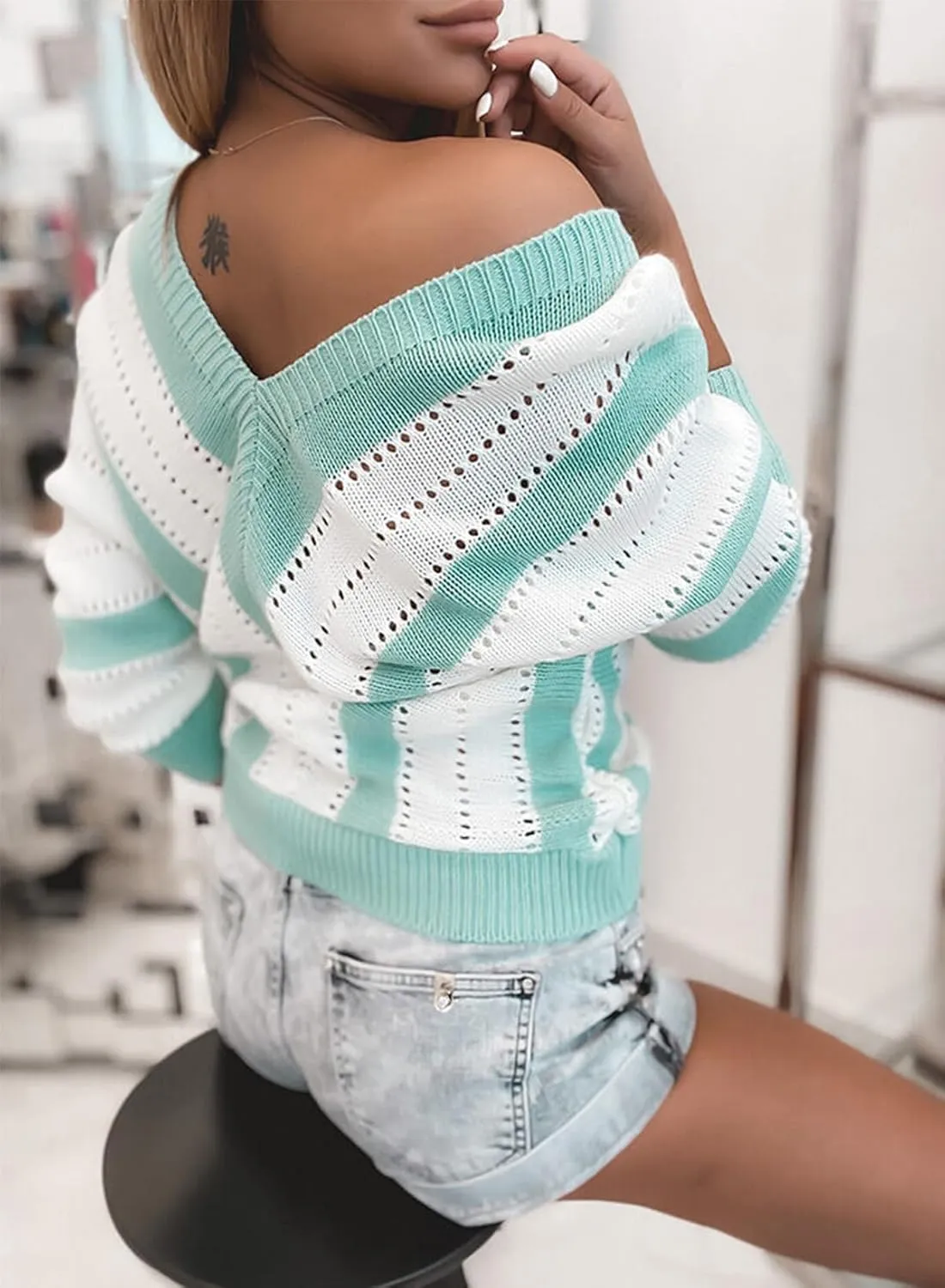 EVALESS Sweaters for Women Sleeve Sexy Deep V Neck Casual Knit Striped Pullover Sweater
