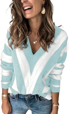 EVALESS Sweaters for Women Sleeve Sexy Deep V Neck Casual Knit Striped Pullover Sweater
