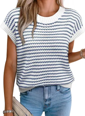 EVALESS Women's Sweater Vest Striped Pullover Tank Top Round Neck Cap Sleeve Lightweight 2025 Summer Casual Clothes