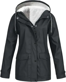 Fleece Lined Rain Jacket Women Fall Winter Warm Rain Coats Outdoor Waterproof Hooded Raincoat Windproof Windbreaker