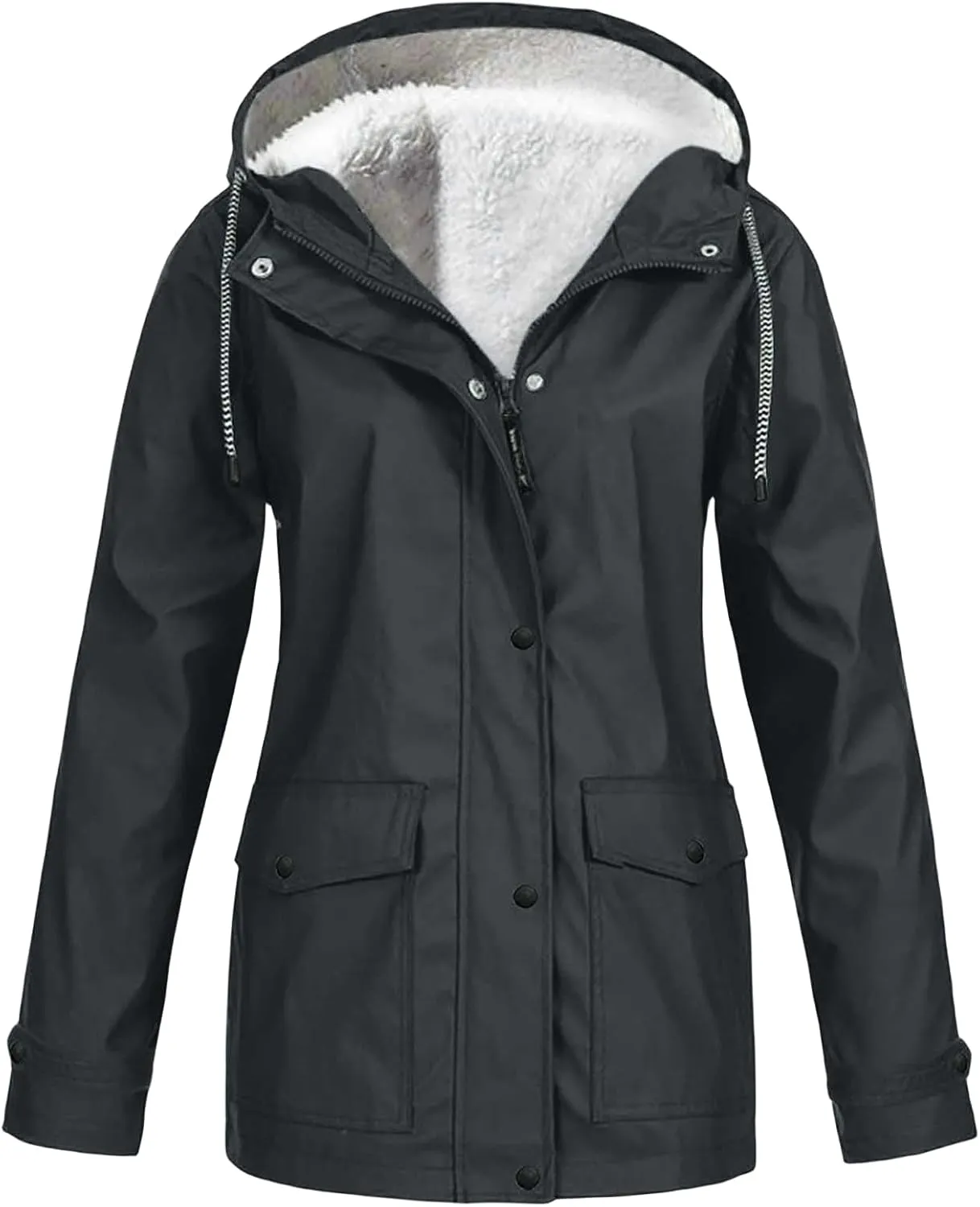 Fleece Lined Rain Jacket Women Fall Winter Warm Rain Coats Outdoor Waterproof Hooded Raincoat Windproof Windbreaker