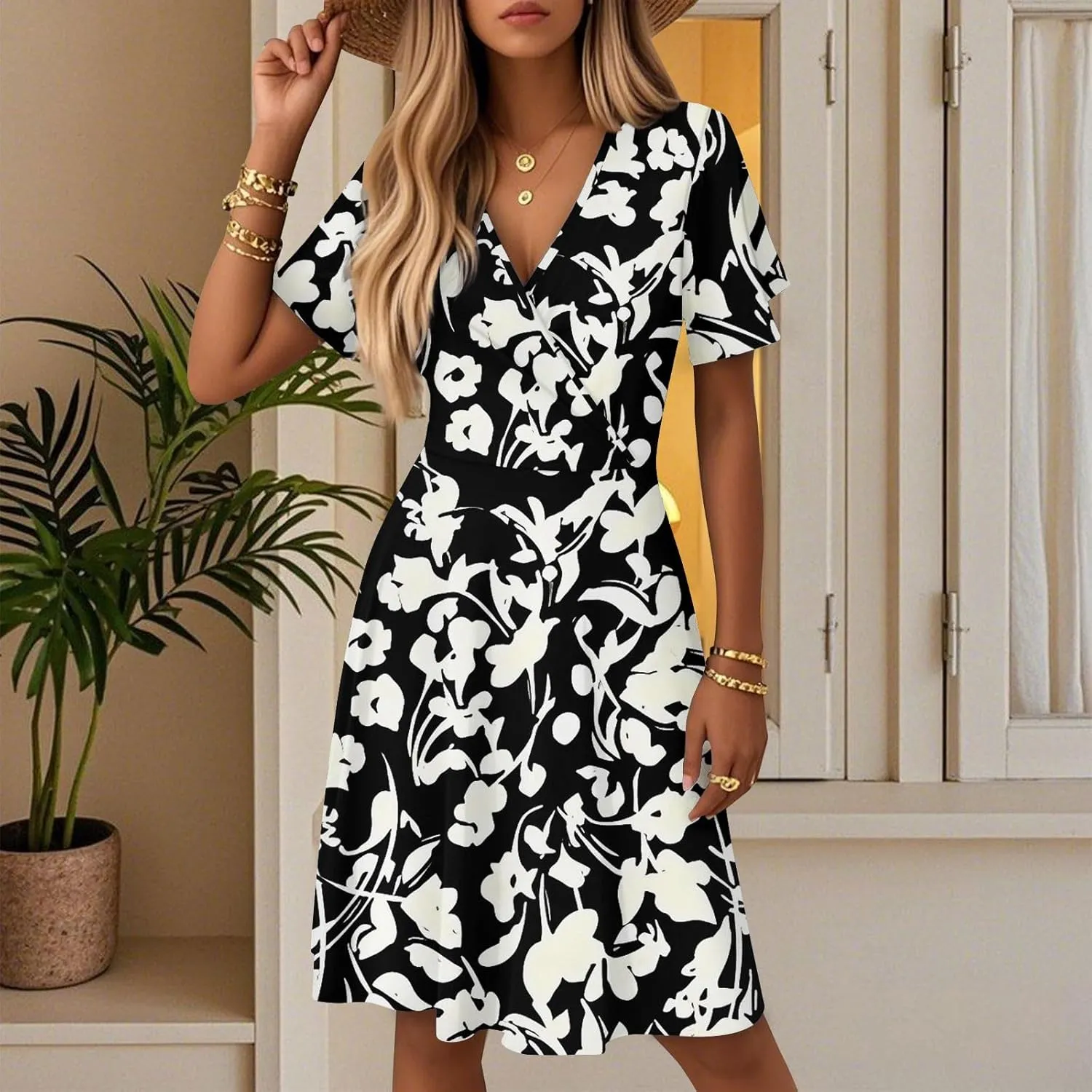 Floral Dress for Women Sexy Wrap V Neck Ruffle Sleeve Empire Waist Bodycon Pleated Dress Knee Length