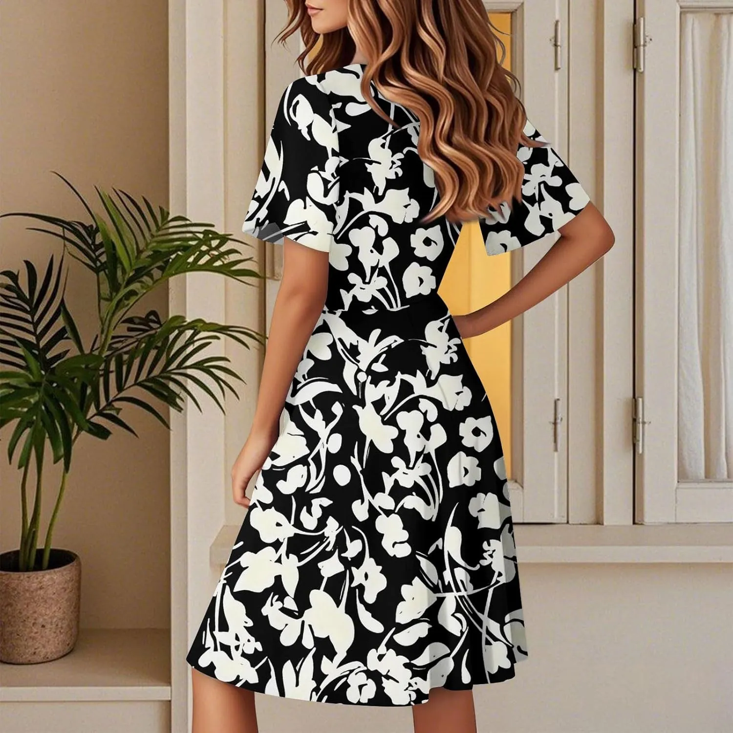 Floral Dress for Women Sexy Wrap V Neck Ruffle Sleeve Empire Waist Bodycon Pleated Dress Knee Length