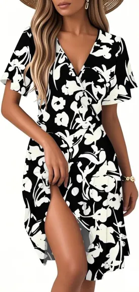 Floral Dress for Women Sexy Wrap V Neck Ruffle Sleeve Empire Waist Bodycon Pleated Dress Knee Length