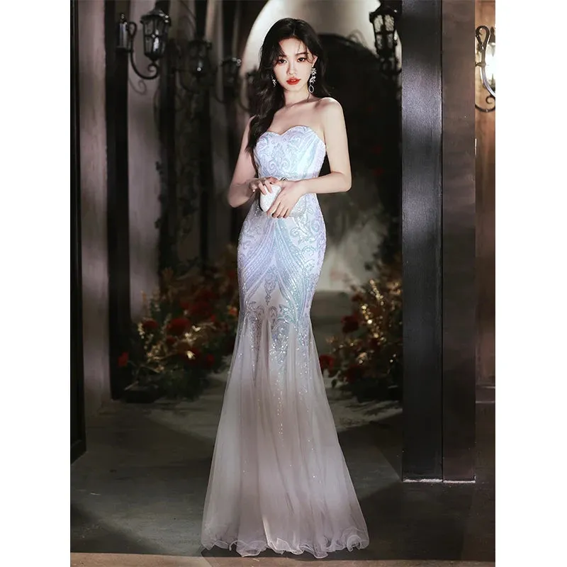 Girlary Elegant Women's Romantic Fishtail Dress Sexy Off Shoulder Sequined Tulle Evening Dresses Simple Female Floor Length Prom Gowns