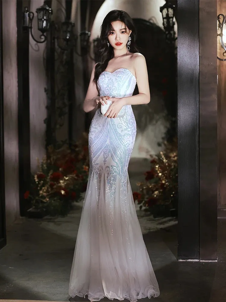 Girlary Elegant Women's Romantic Fishtail Dress Sexy Off Shoulder Sequined Tulle Evening Dresses Simple Female Floor Length Prom Gowns