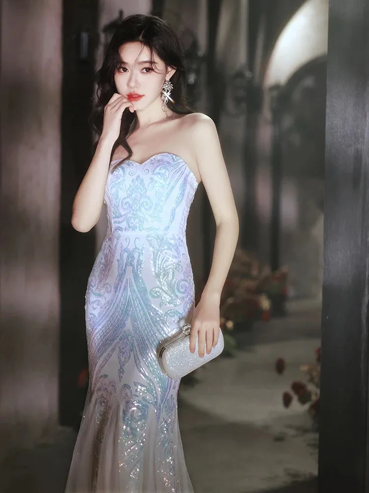 Girlary Elegant Women's Romantic Fishtail Dress Sexy Off Shoulder Sequined Tulle Evening Dresses Simple Female Floor Length Prom Gowns