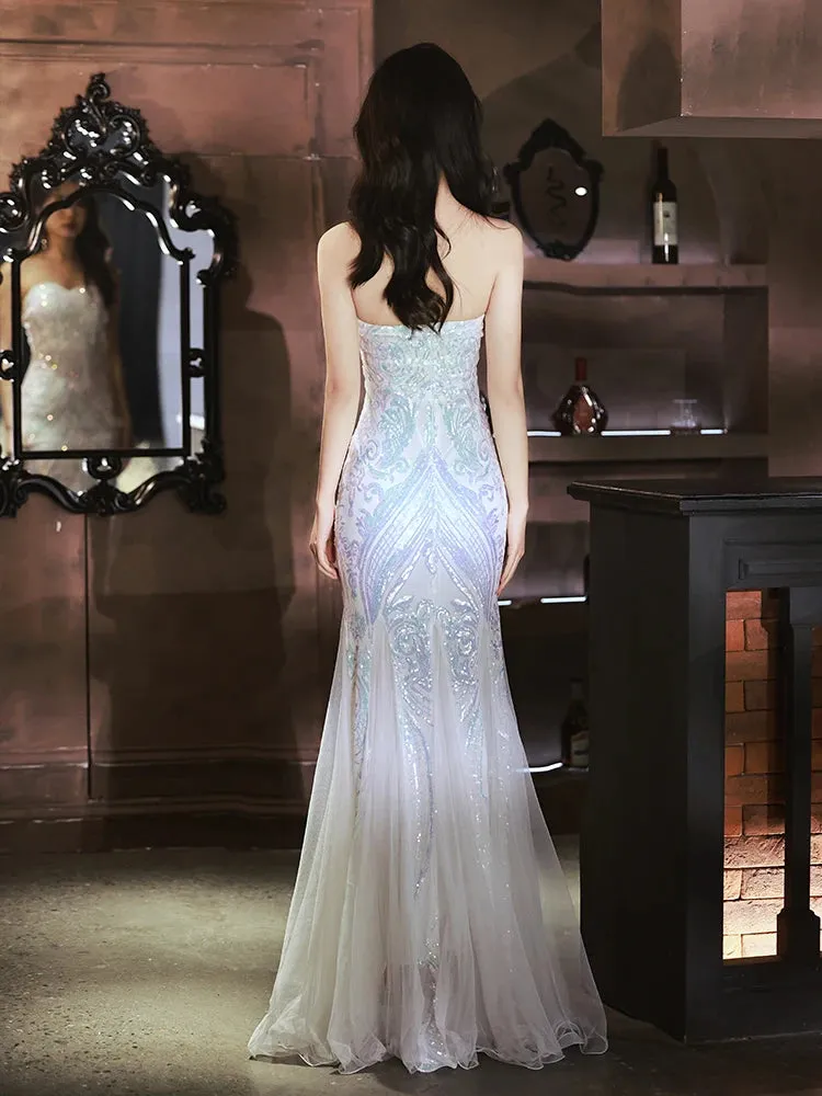 Girlary Elegant Women's Romantic Fishtail Dress Sexy Off Shoulder Sequined Tulle Evening Dresses Simple Female Floor Length Prom Gowns